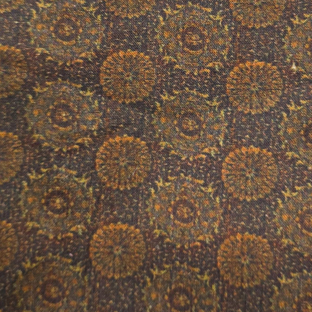 Round block print style tablecloth in dark beige tone, ideal for rustic, boho, and modern dining room settings.