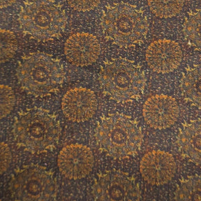 Round block print style tablecloth in dark beige tone, ideal for rustic, boho, and modern dining room settings.