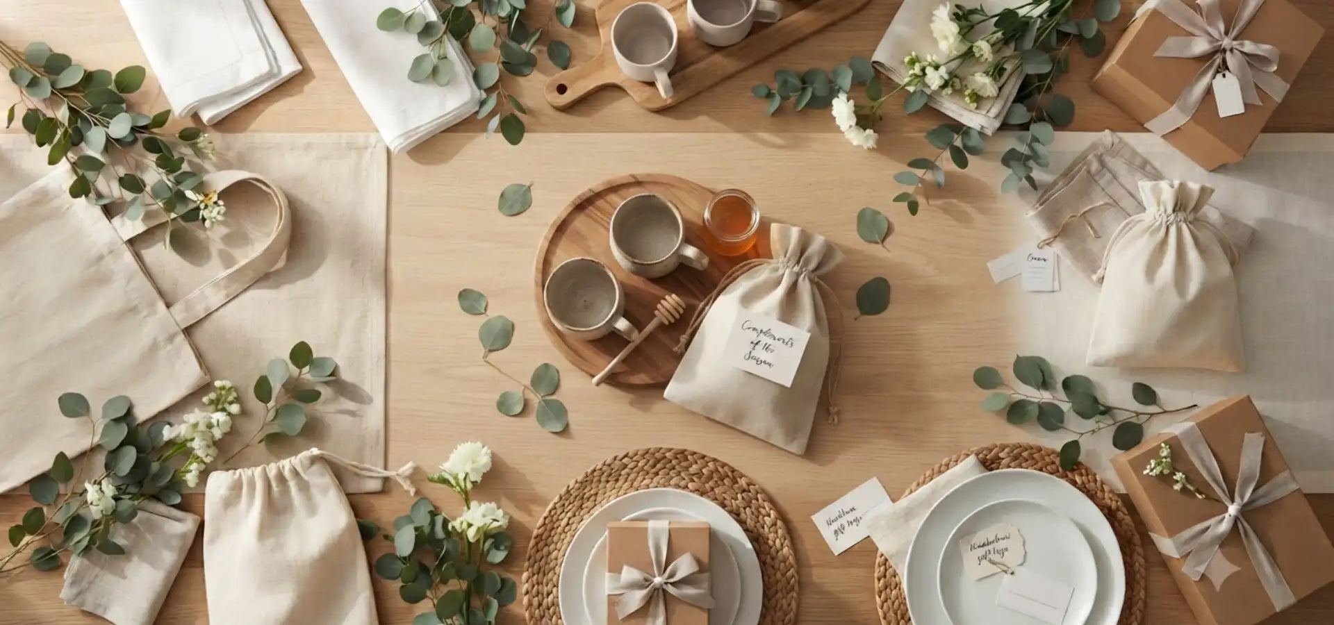 A styled flat-lay of neutral-toned gift accessories and tableware arranged on a light wood table, including drawstring pouches, small mugs, plates, napkins, wrapped gifts, and greenery accents.