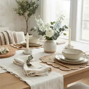 A beautifully styled dining table set with a cream table runner, beige placemats, white ceramic plates and bowls, folded linen napkins, white candles, and a white floral centerpiece in a ceramic vase.