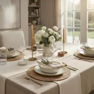 A beautifully styled dining table set for four with a natural tablecloth, woven placemats, white plates, gold cutlery, and a central vase of white flowers, in a bright, sunlit dining room.