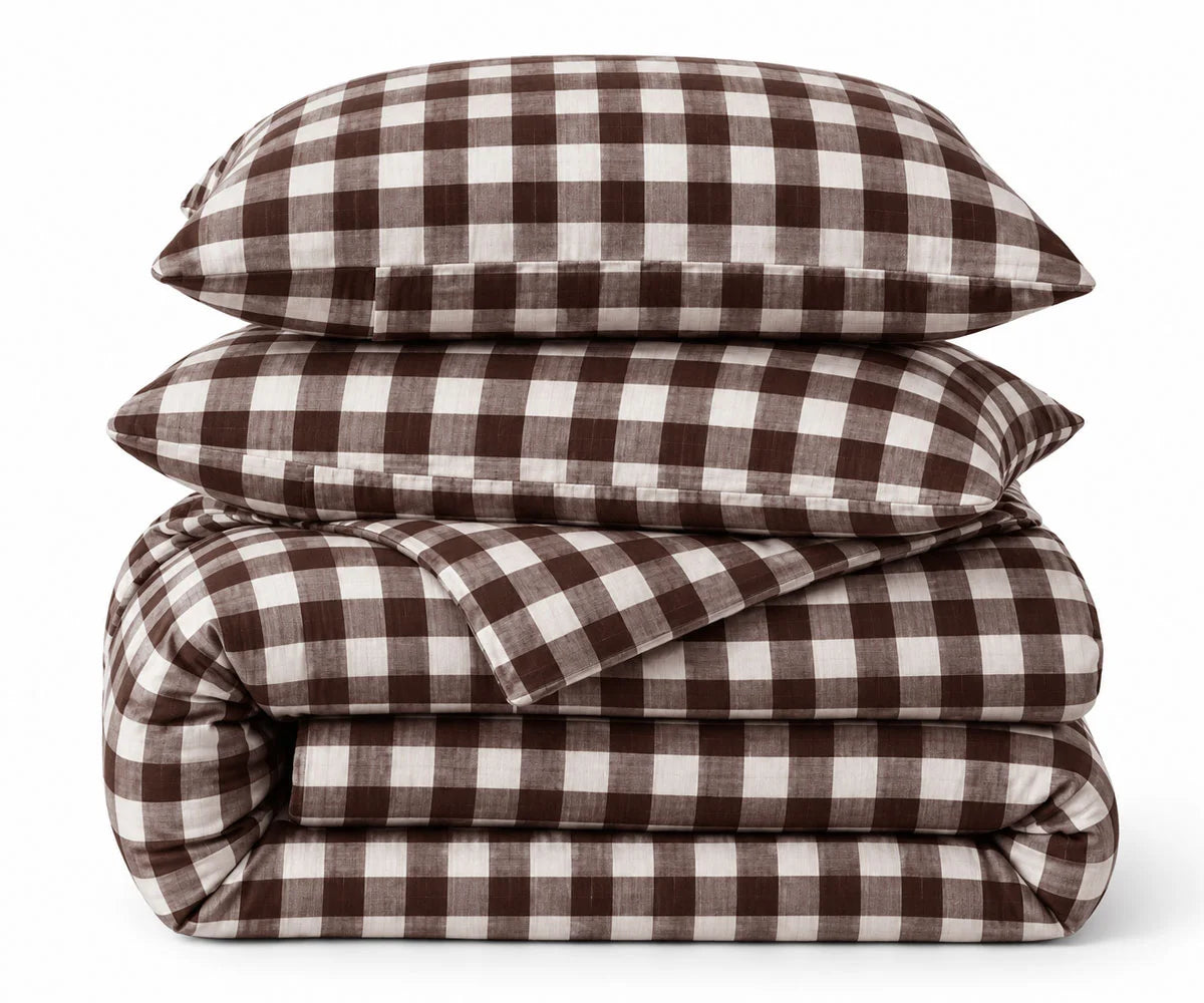Coffee brown gingham cotton duvet cover set with a classic plaid pattern, matching pillowcases, and a cozy farmhouse bedroom style.