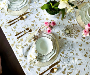 Wedding tablecloth with elegant metallic design.
