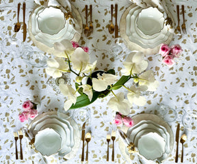 Metallic printed white tablecloth, ideal for weddings.