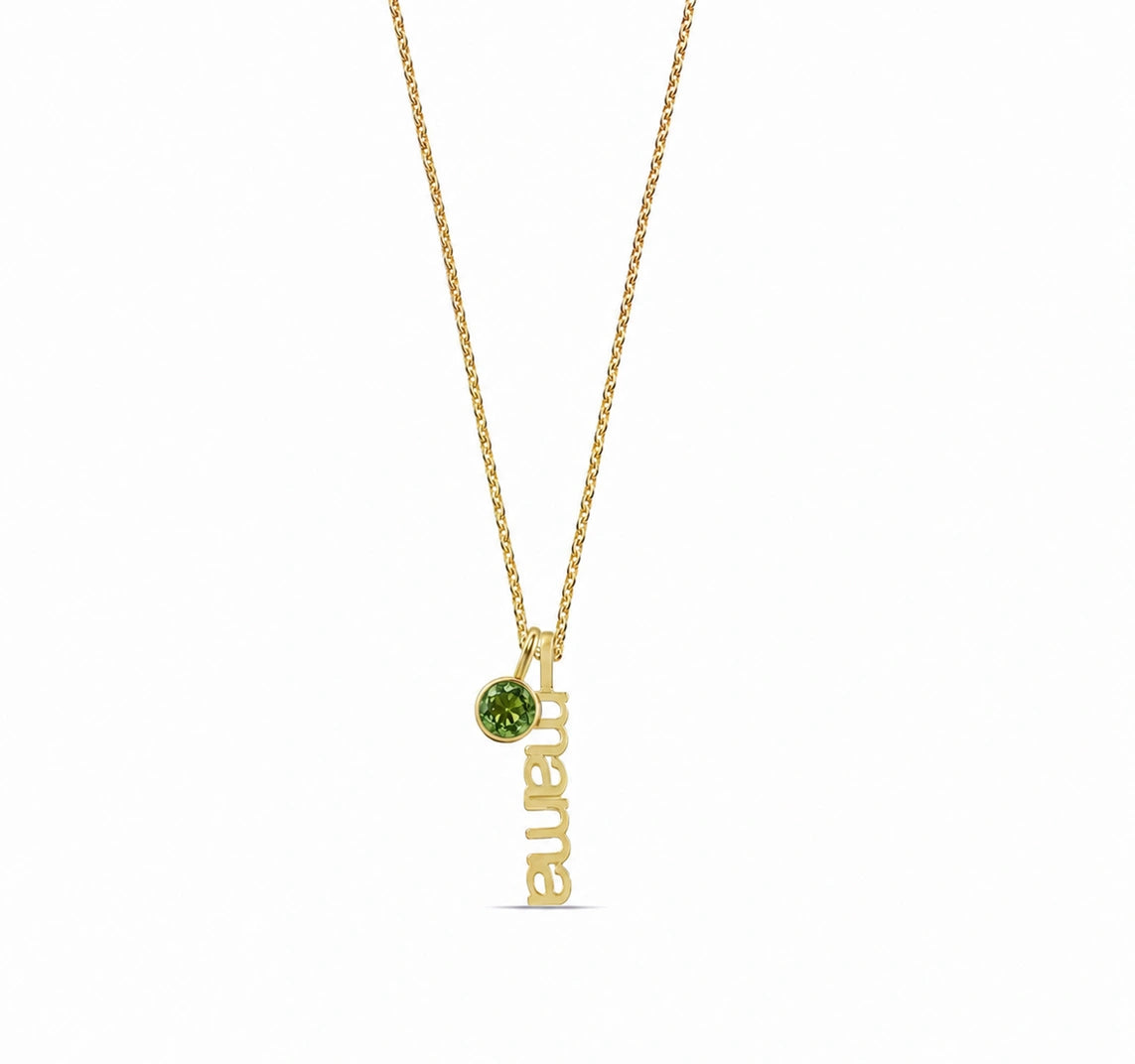 August birthstone mama necklace with peridot crystal, personalized jewelry for moms, Elegant mama necklace with August birthstone charm, trendy family jewelry gift