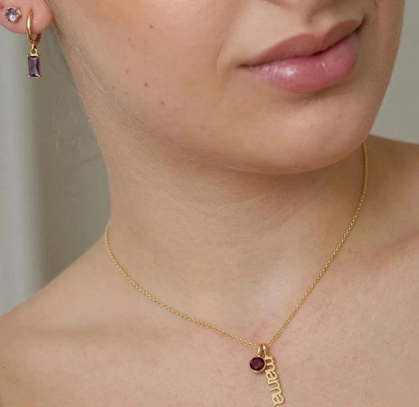 Mama necklace with January garnet birthstone charm in gold personalized jewelry gift for mom and new mothers, birthday gift for her