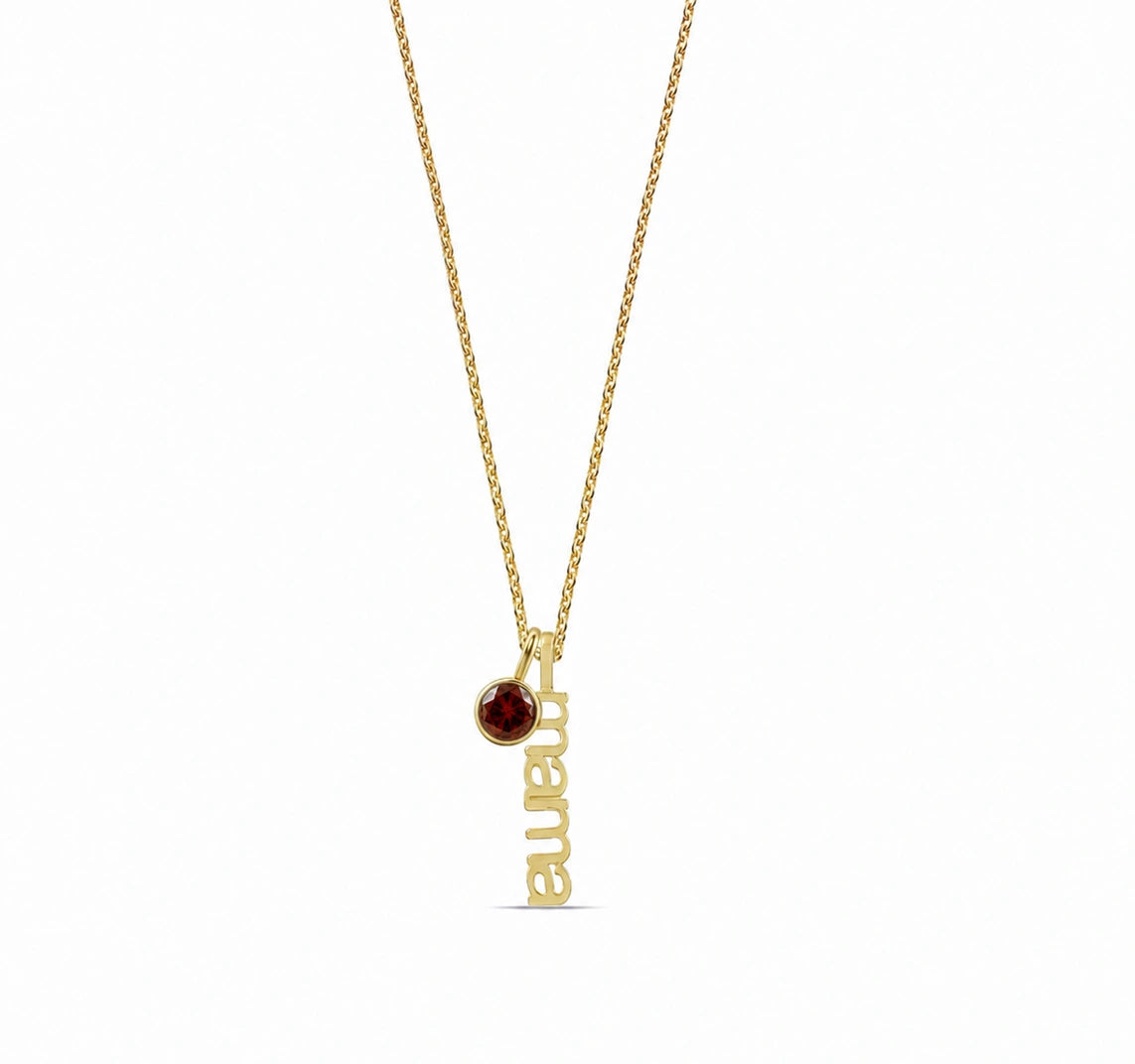 January birthstone mama necklace in gold with garnet crystal, personalized mom jewelry gift for new mom
