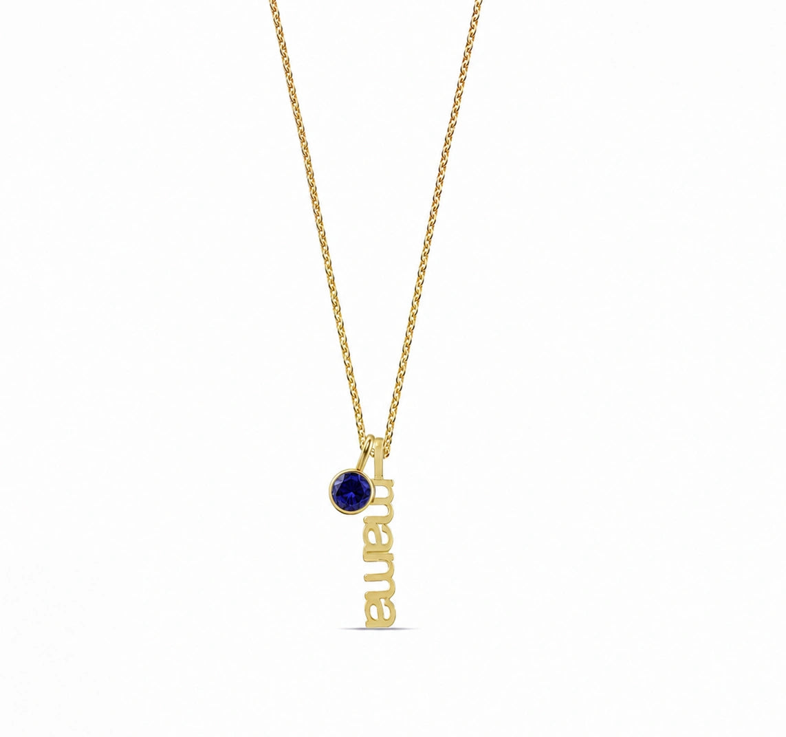 Sapphire birthstone mama necklace in gold, meaningful gift for mothers and grandmas, mama necklace with September birthstone, dainty family necklace for women