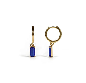 14kt gold hoop earrings with dangling sapphire baguette stone