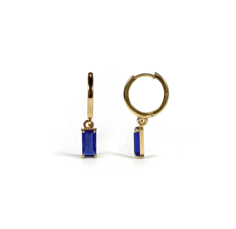 14kt gold hoop earrings with dangling sapphire baguette stone