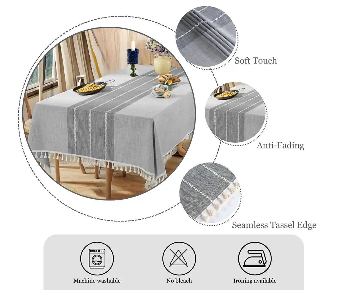 Gray table runner with tassels on a table setting, surrounded by close-up details and product features.