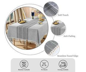 Gray table runner with tassels on a table setting, surrounded by close-up details and product features.