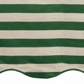 Green and white cabana striped table runner with a scalloped edge detail.