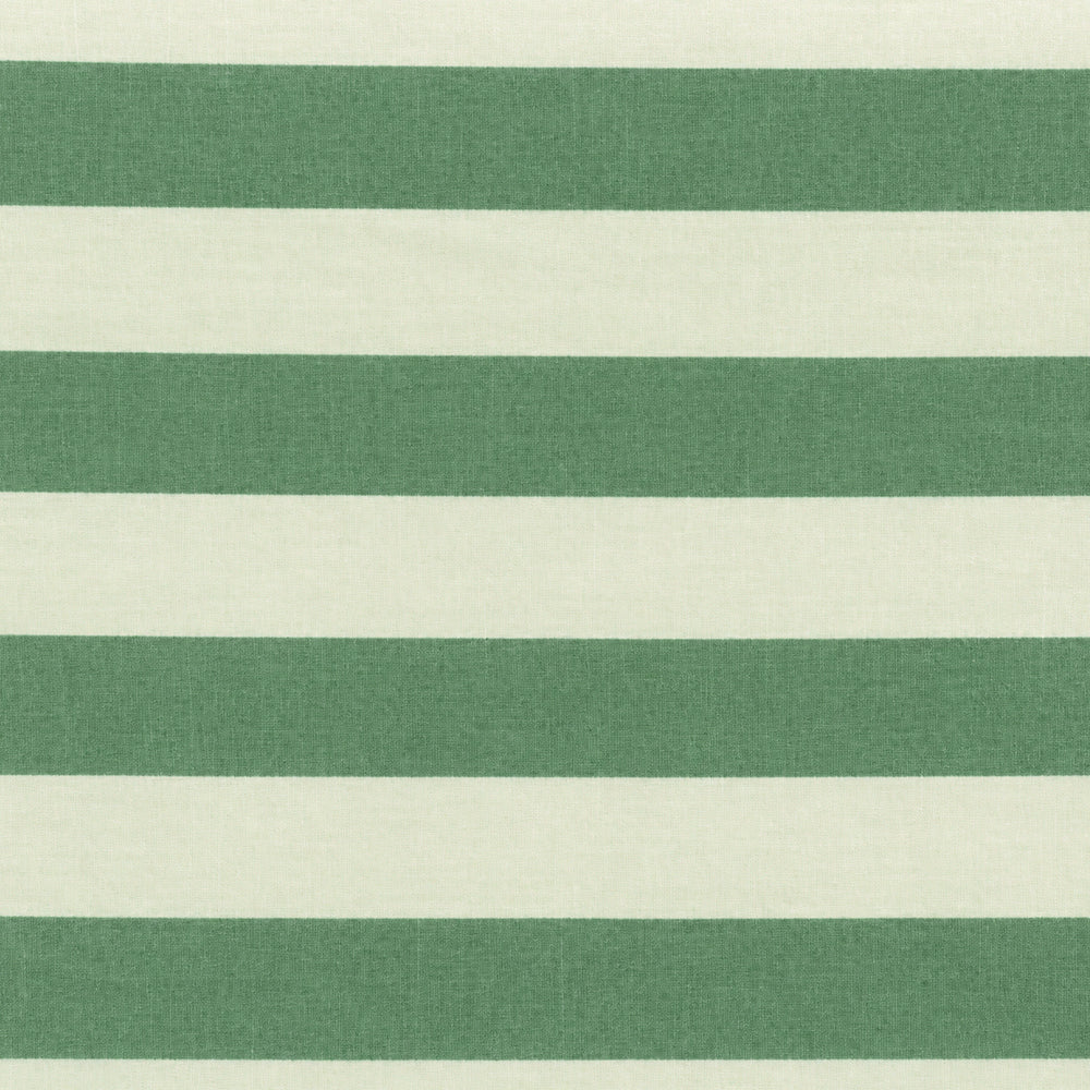 Close-up fabric swatch of a green and white cabana stripe cotton table napkin