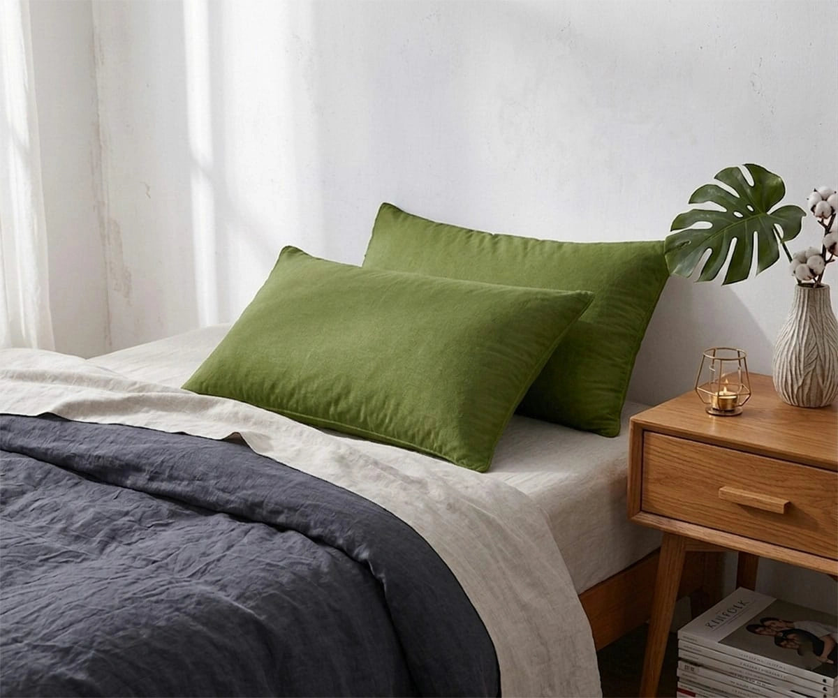 Soft green cotton pillowcases on a modern bed with breathable cotton bedding, luxury pillowcases for stylish bedroom decor