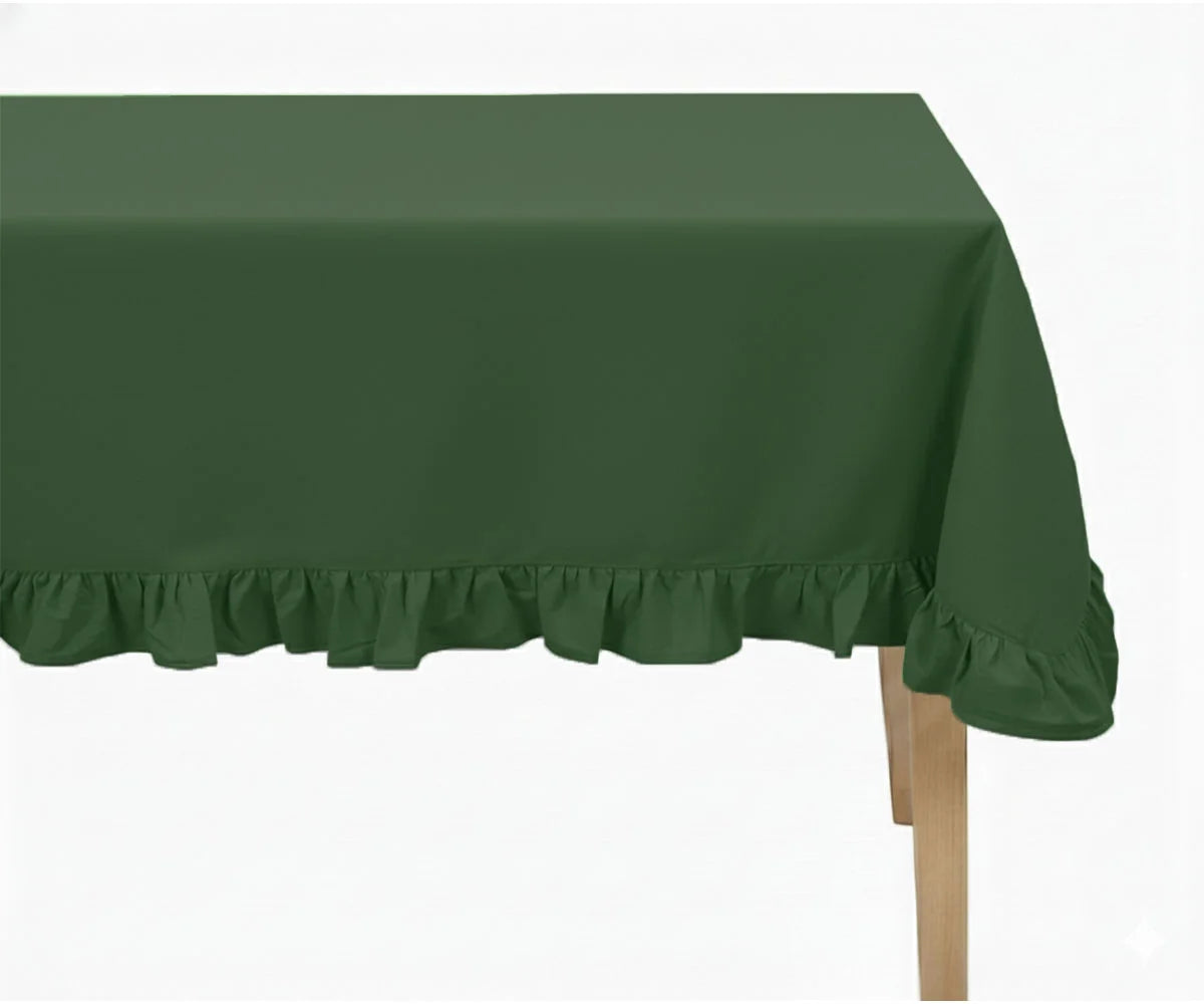 Dark green round cotton tablecloth with ruffle edge