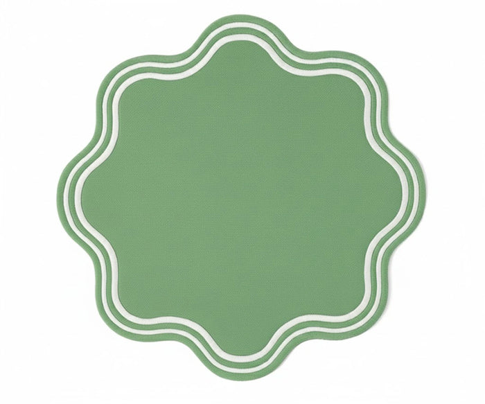 Sage green scalloped round placemat – soft green table mat for spring décor and elegant dining settings.