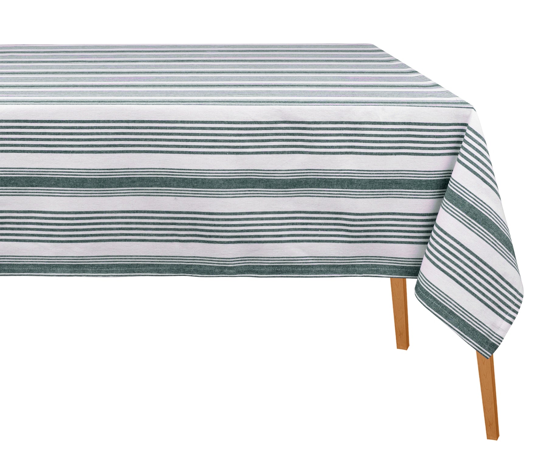 Rectangular green and white striped cotton tablecloth covering dining table, multiple sizes