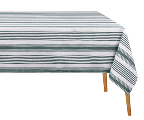 Rectangular green and white striped cotton tablecloth covering dining table, multiple sizes