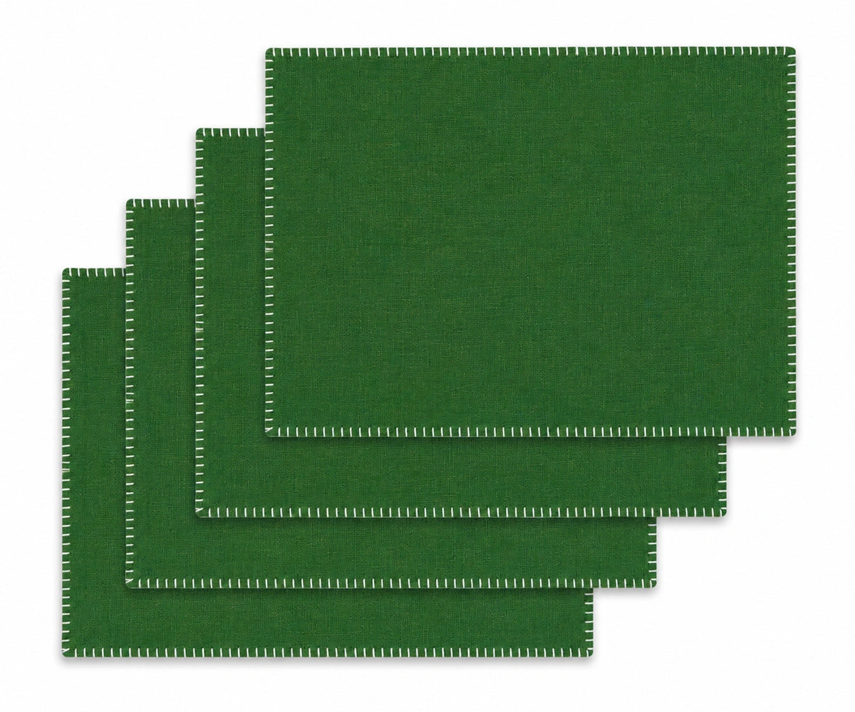 Green with White Stitch Rectangle Cotton Placemats Set of 4, washable table placemats for farmhouse dining