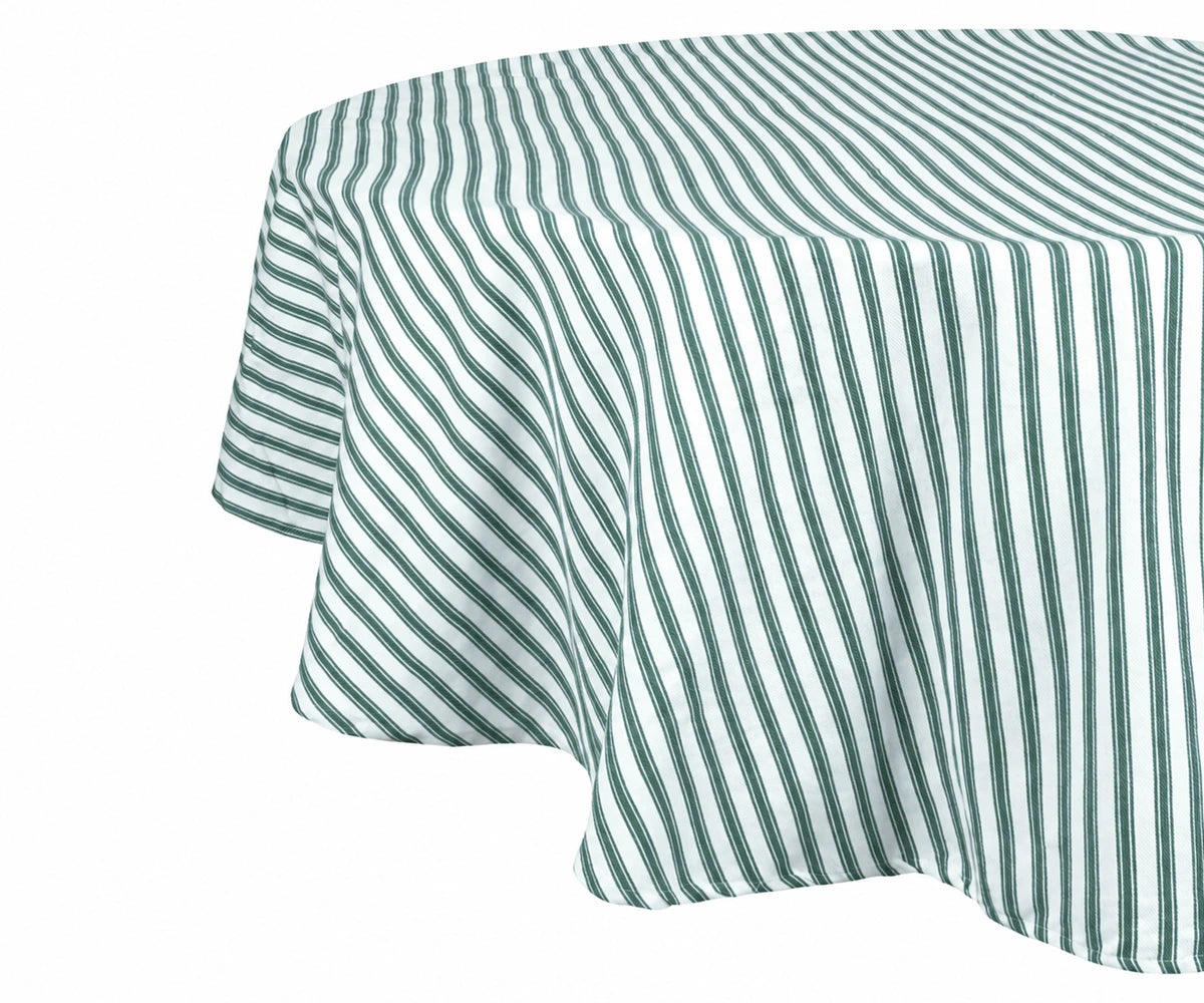Round striped tablecloth for farmhouse style dining
