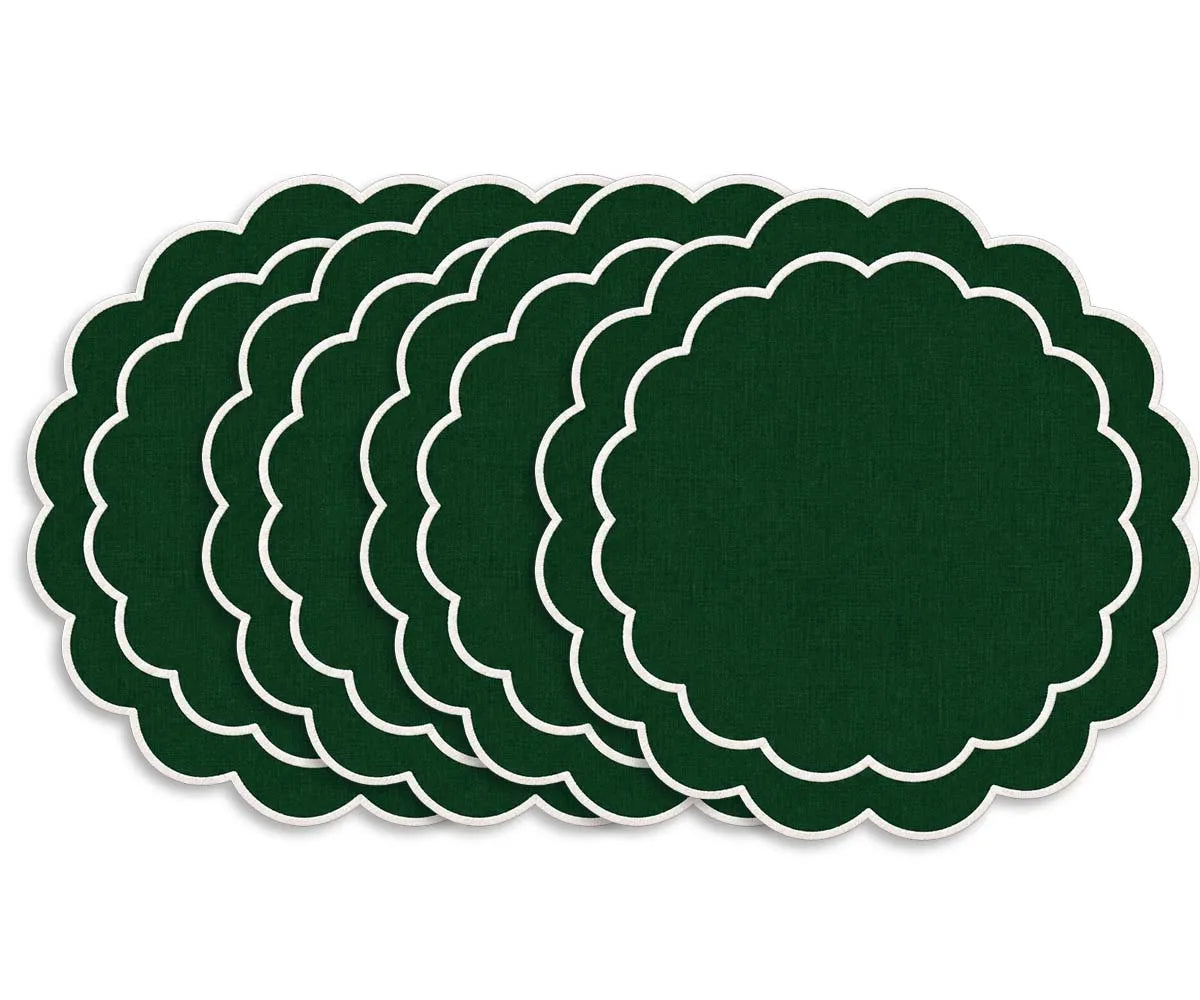 100% cotton round placemat with a decorative scalloped border and embroidered design for stylish table settings