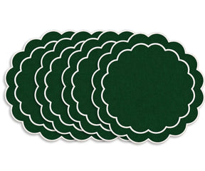 100% cotton round placemat with a decorative scalloped border and embroidered design for stylish table settings