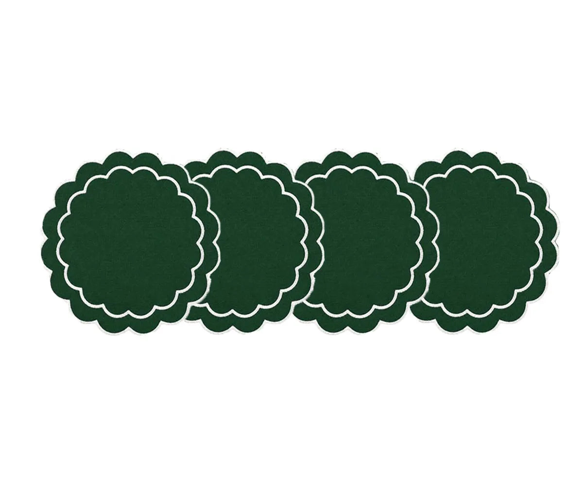 Round placemats made from 100% cotton with an elegant scalloped border and embroidered accents