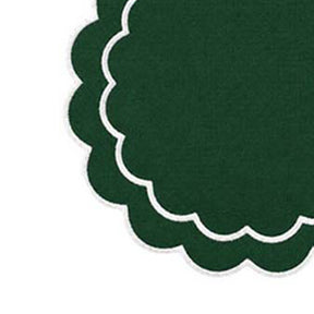 Round dining placemats crafted from 100% cotton with a delicate scalloped edge