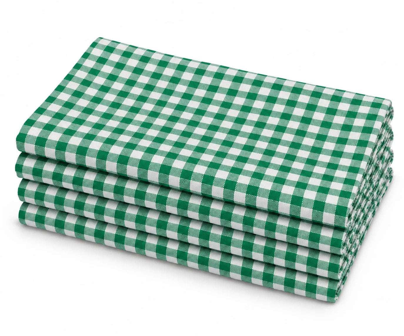 Stack of four neatly folded 100% cotton cloth dinner napkins in a green and white gingham check pattern, displayed on a plain white background.