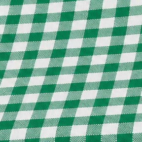 Close-up fabric swatch of green and white gingham checkered woven cotton fabric showing detail and texture.