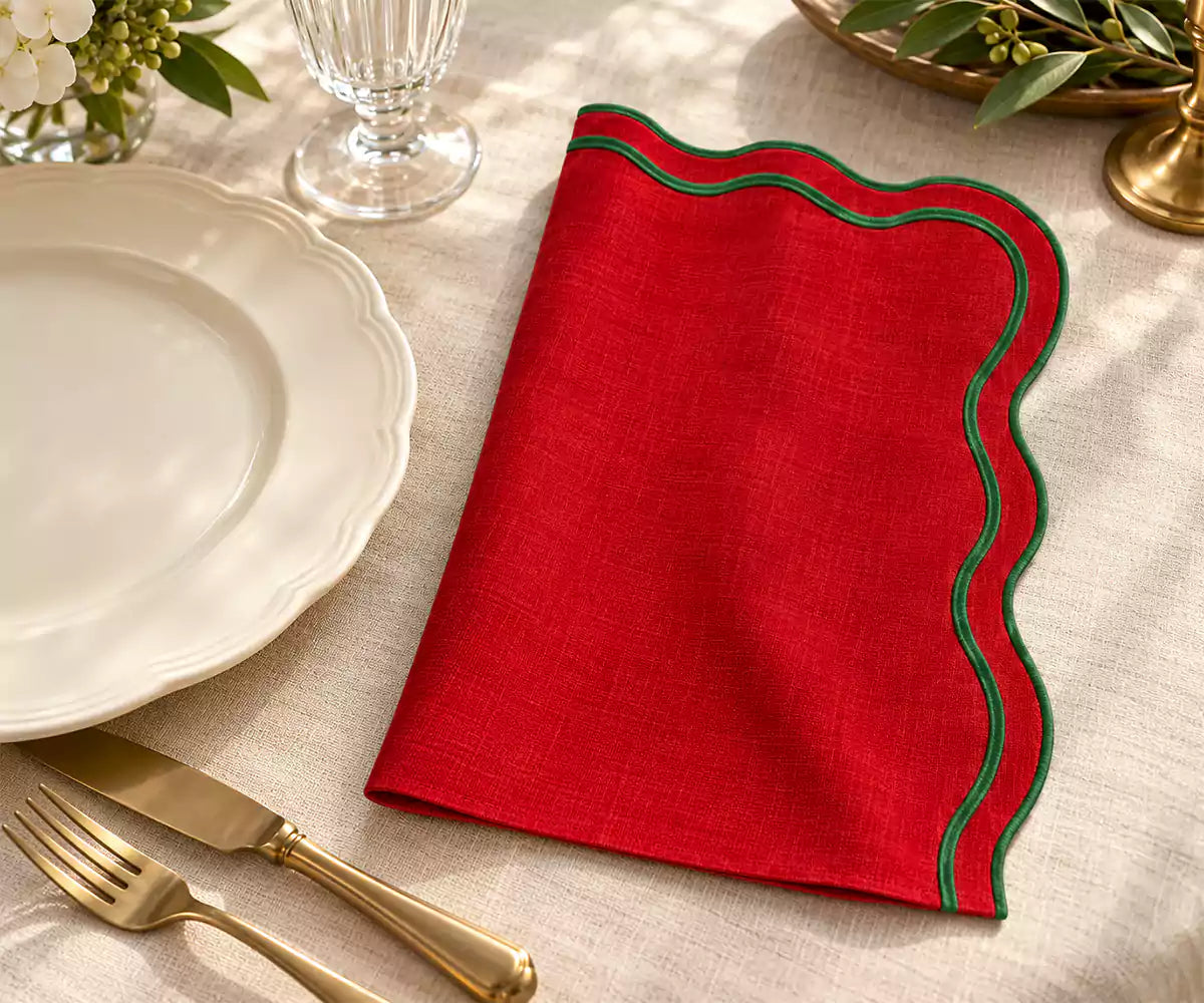 Green and Red Napkins - Scalloped Edge
