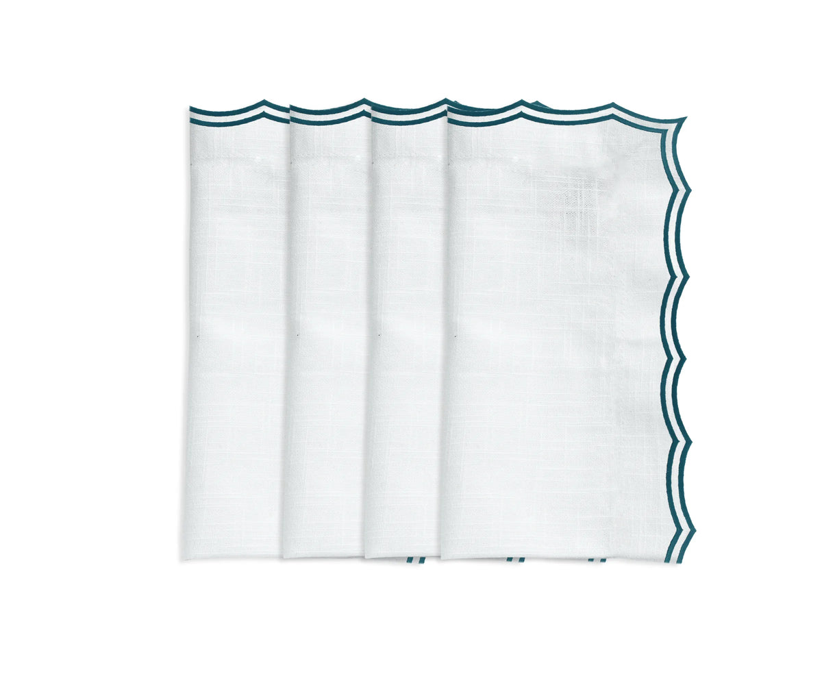 Green embroidered cotton napkins with scalloped edge – set of 12