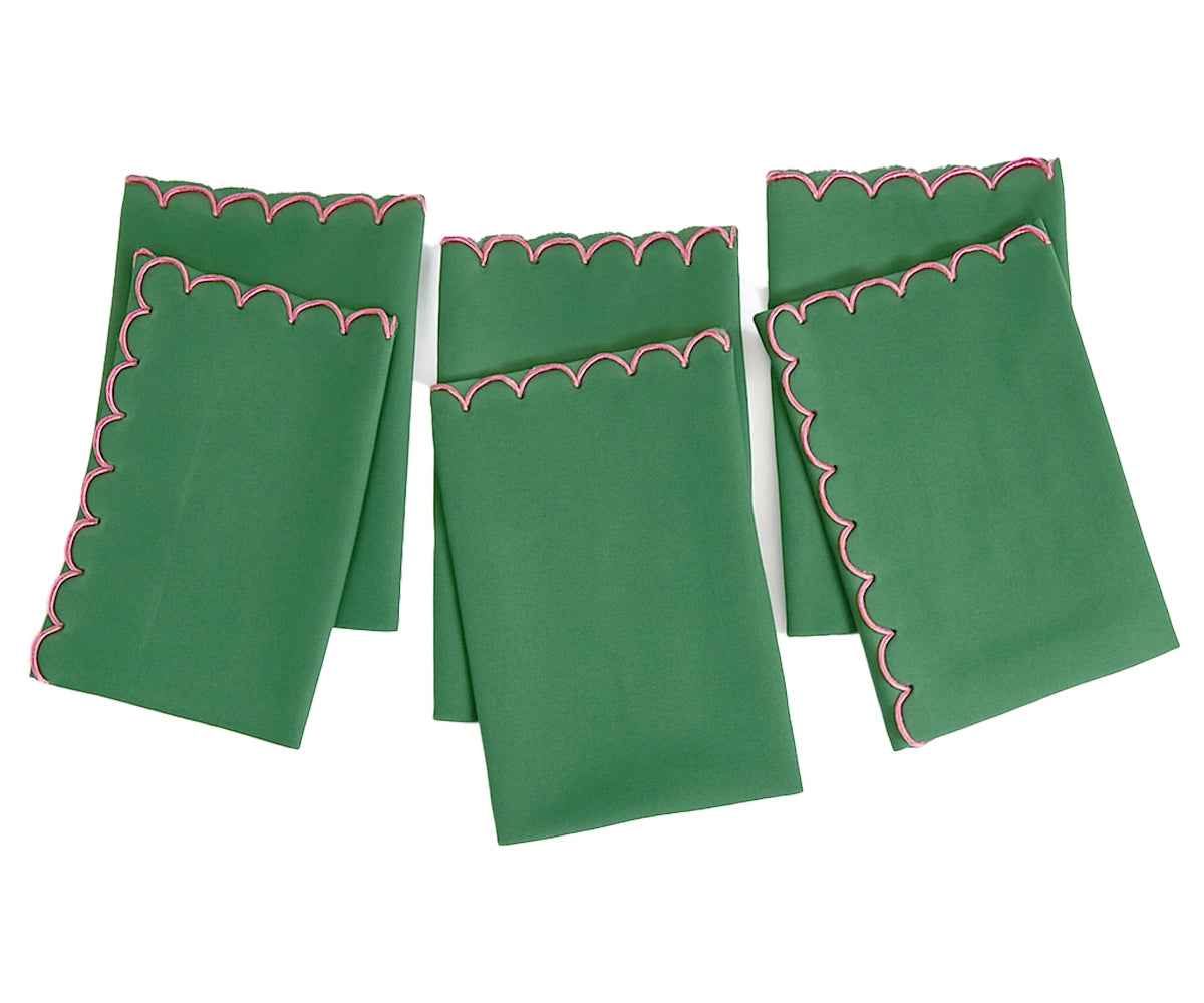 Green Cotton Napkin with Pink Scalloped Border – Chic Dining Accent