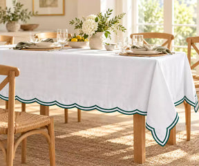 White Cloth Tablecloths - Green Embroidered