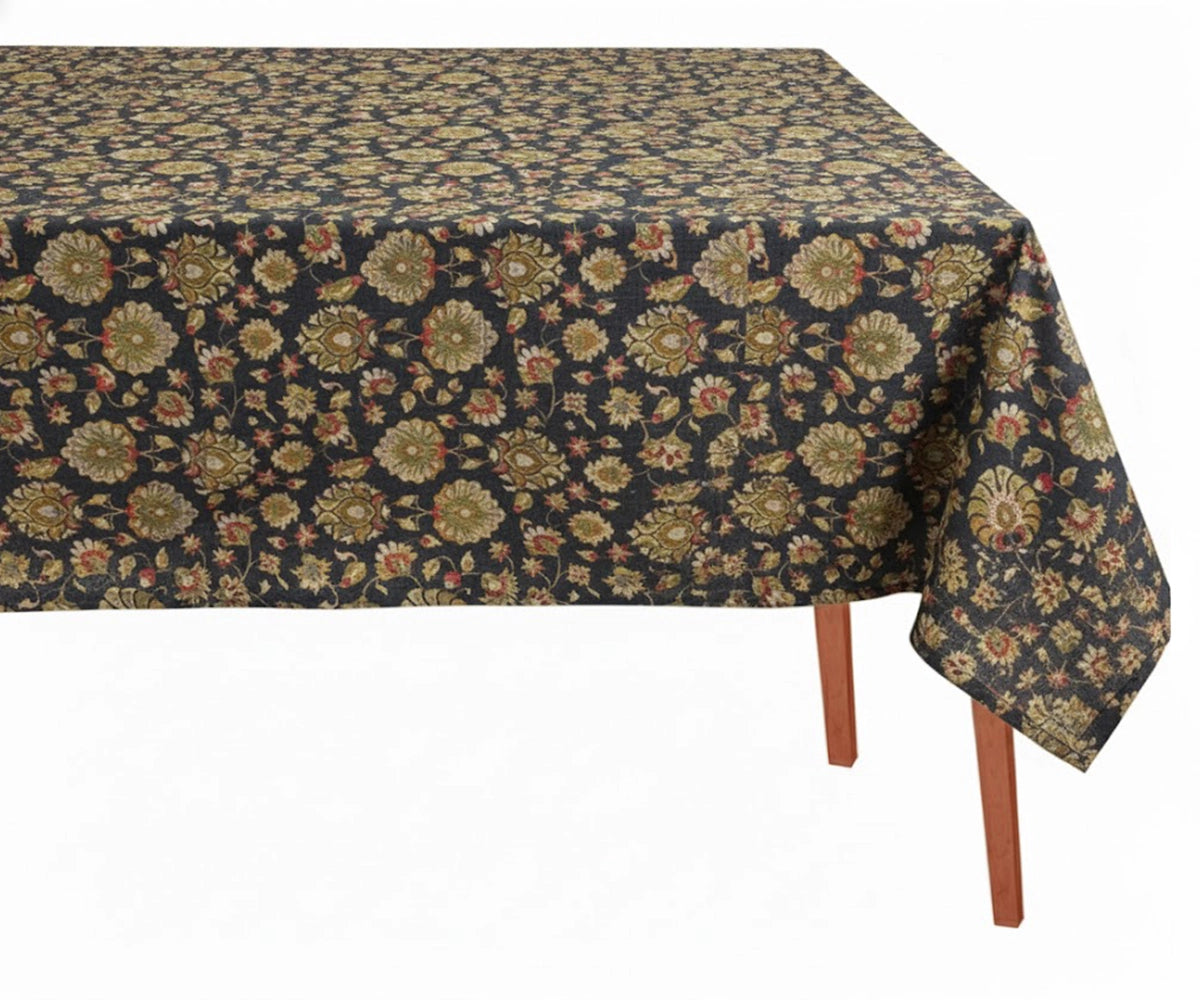 Traditional floral block printed cotton tablecloth with vintage pattern.