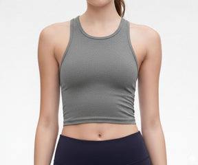 Grey women’s gym tank top with flexible cotton nylon spandex blend, comfortable yoga tank top 