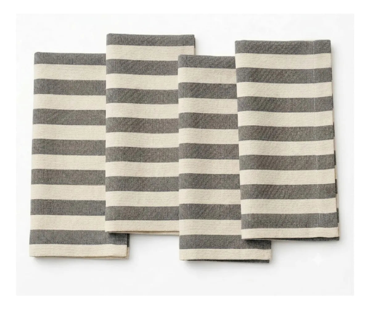 Premium striped cotton napkins in blue, gray, yellow, and beige, washable reusable table napkins for home dining, cafés, and special events.