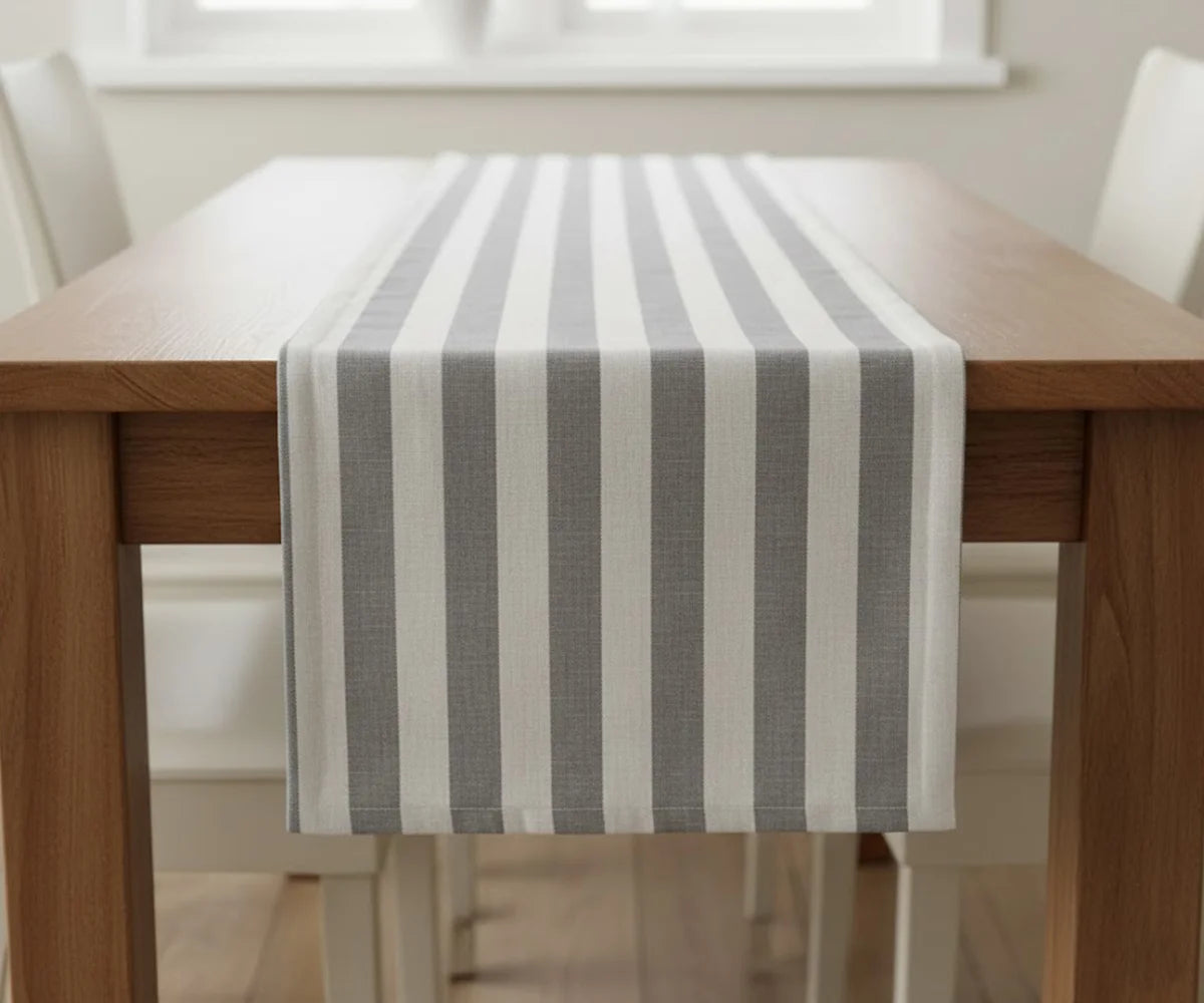 Gray and white striped cotton dining table runner
