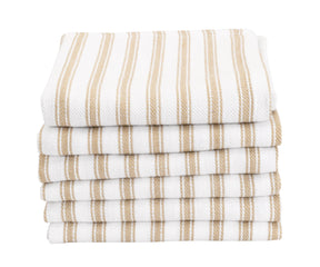 Beige and white striped cotton kitchen towels folded neatly on a counter