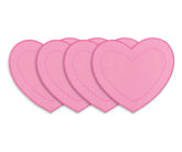 Set of pink heart-shaped placemats made from 100% cotton featuring a scalloped embroidered heart design, ideal for Valentine's Day, bridal showers, and elegant table décor.