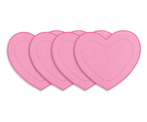Set of pink heart-shaped placemats made from 100% cotton featuring a scalloped embroidered heart design, ideal for Valentine's Day, bridal showers, and elegant table décor.