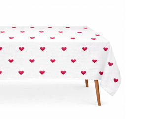 Wine red heart printed rectangle tablecloth in 100% cotton, luxury romantic table décor for Valentine’s Day and weddings