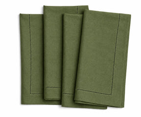 Olive green linen hemstitch napkins 20x20 inches, elegant cloth dinner napkins for weddings, dinner parties, and everyday table settings