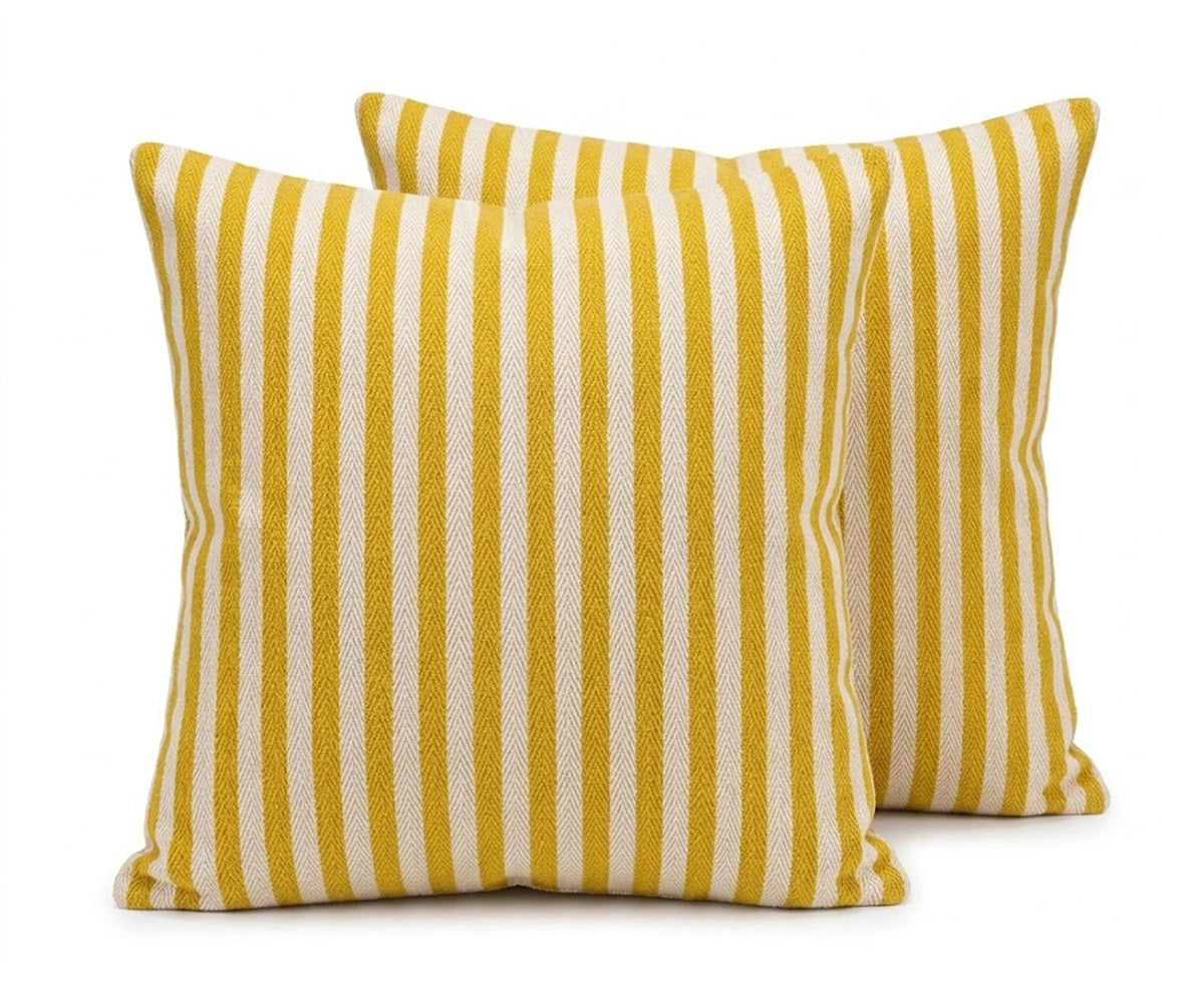 Decorative yellow jacquard striped cushion cover set, vertical stripe throw pillow cases with a high-quality herringbone texture.