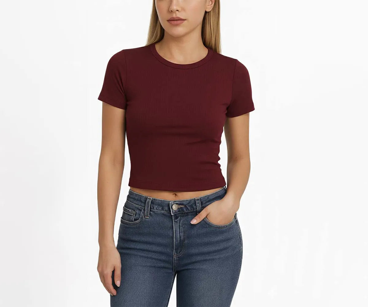 Organic cotton women’s short sleeve t-shirt designed with a flattering high-hip cut, breathable fabric, and a classic neckline.