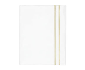 Neatly folded white cotton flat sheet accented with a subtle ivory double-line embroidered border.