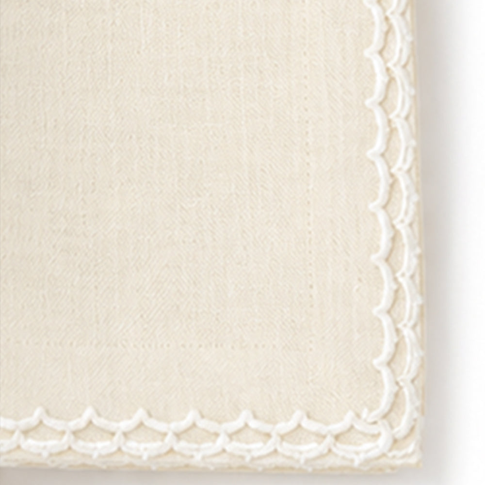 Close-up of a ivory colored woven fabric corner with a decorative white scalloped embroidered border.