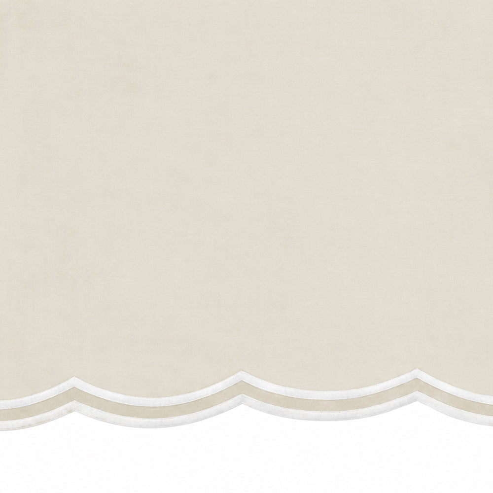 Ivory round cotton tablecloth with white scalloped edge, elegant 100% cotton table cover for weddings, dining, brunches, and special occasions