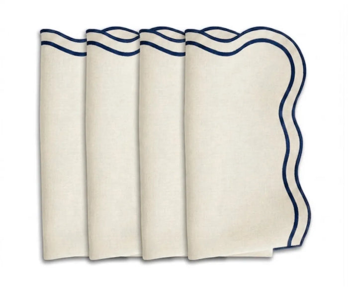 Ivory cotton scalloped napkins with navy trim, elegant reusable cloth napkins for dining table decor